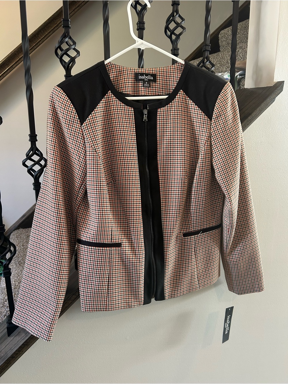 Isabella Black-Trim Houndstooth Zip Blazer